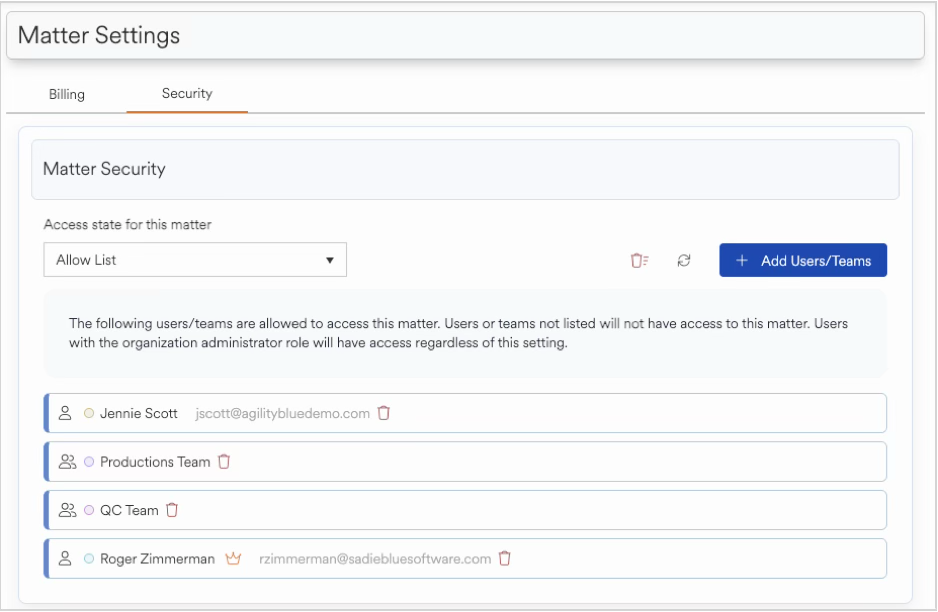 Matter security settings showing allowed users and access state options for a matter.